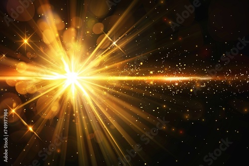 Image of gold and light yellow, dark, light orange, star starburst glowing on a dark background, concept of dispersion, explosion, beautiful sparkling light.