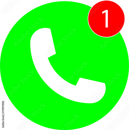 Phone  icon with one missed call sign, white on green background for graphic design, logo, web site, social media, mobile app, ui illustration.