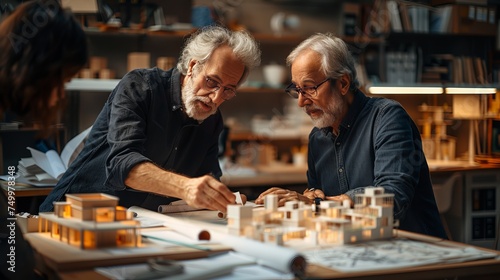 two older men are sitting at a table looking at a model of a building