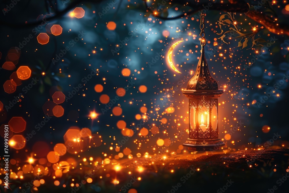 Ramadan theme decorated with glowing lanterns and crescent moon for elegant poster background professional photography Ramadan theme decorated with glowing lanterns and crescent moon for elegant poster background professional photography