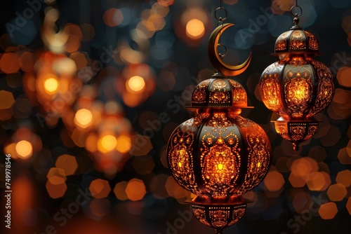 Ramadan theme decorated with glowing lanterns and crescent moon for elegant poster background professional photography