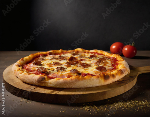 pizza on a wooden board, black background, product photography, macro, restaurant