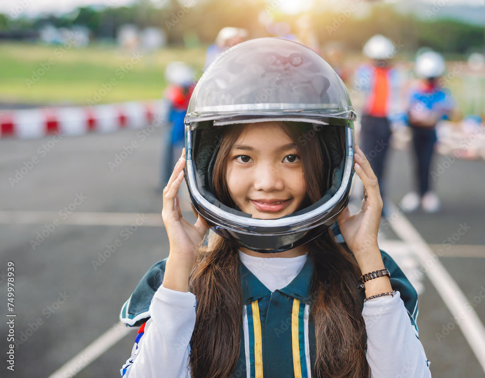 Formula 1 girl driver taking off helmet showing her beautiful face Formula 1 girl driver taking off helmet showing her beautiful face