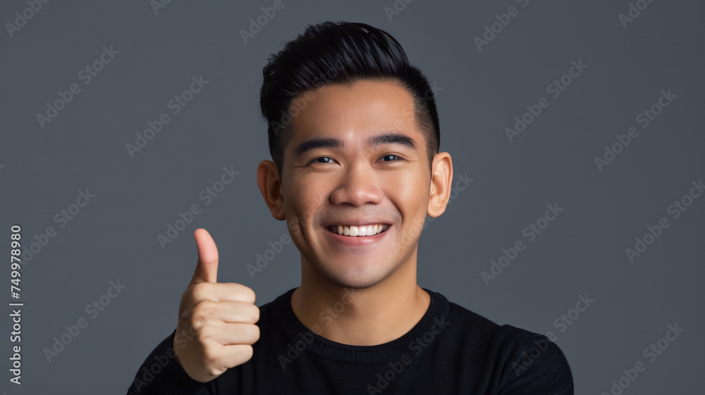 A asian man show thumbs up with smiling happy face emotional on gray background. A asian man show thumbs up with smiling happy face emotional on gray background.