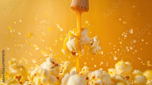  popcorn in center of screen, caramel melting and dripping from top of screen and melting over popcorn, minimalist. © B.Panudda
