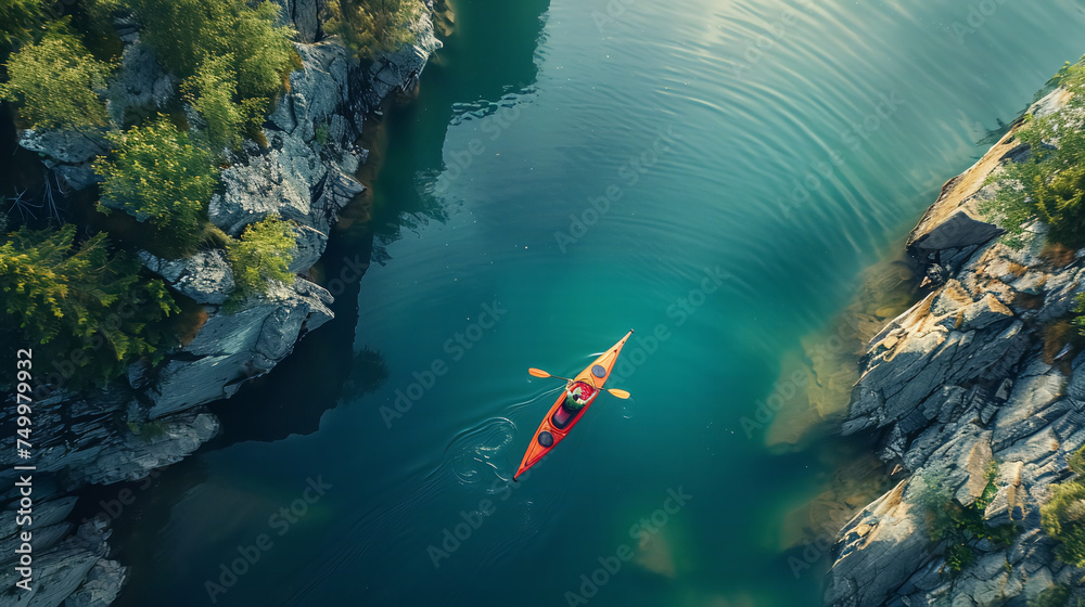 An aerial view of a kayak in the lake, nature wallpaper background.