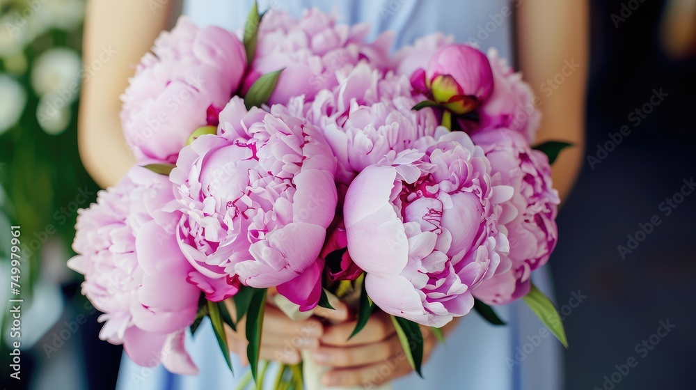 Close-up photo of a female hands with a peony bouquet. Delightful peonies nestle in a pair of gentle hands.