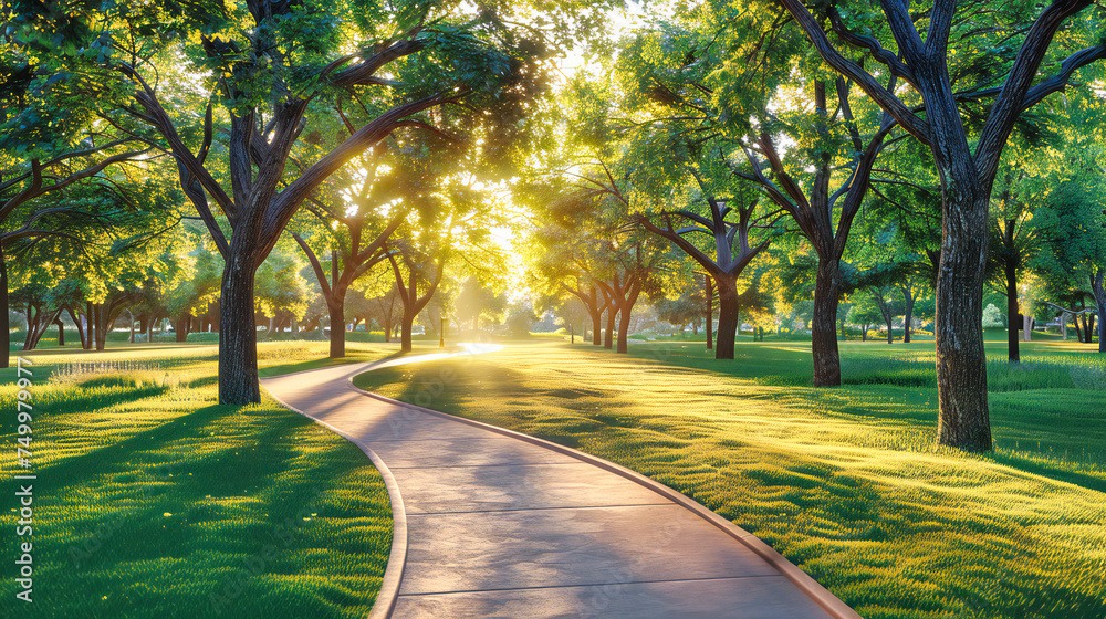 Obraz premium Tranquil Nature Walk through Sunlit Park, Green Trees Arching Over Peaceful Path, Seasonal Beauty