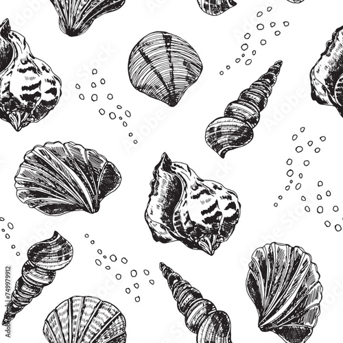 A seamless pattern featuring a variety of detailed shell illustrations in black and white, suitable for backgrounds, textiles, or wrapping paper.