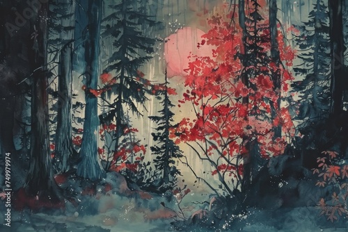 Forestpunk in grunge and monochromatic black and red aquarell style 