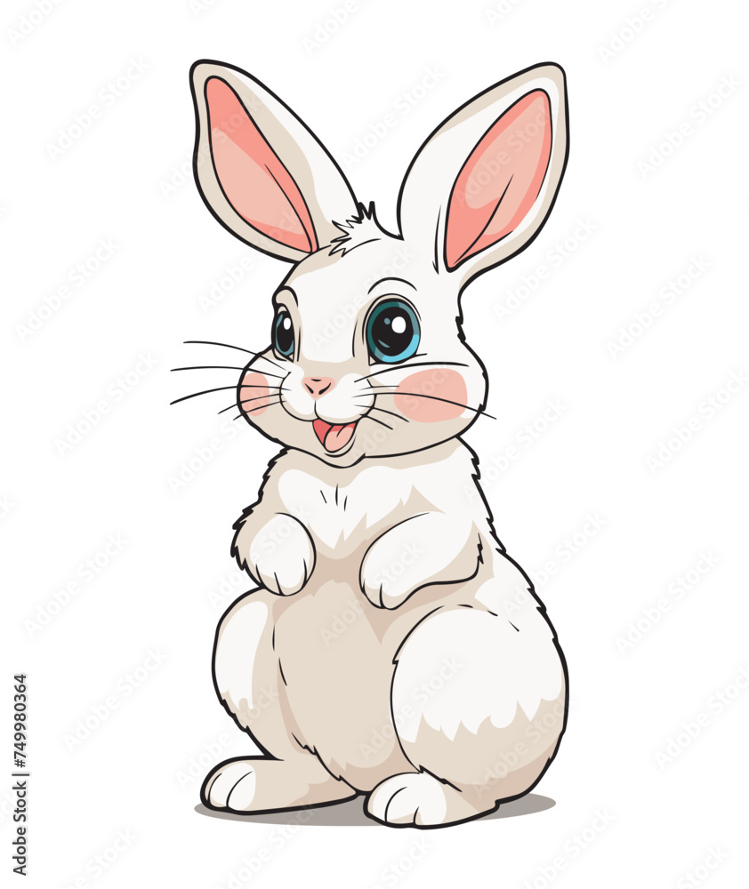 Cute sitting baby bunny with legs tucked in, vector illustration for Easter hunt, wild forest animal, color isolated linear illustration. White Toy rabbit.