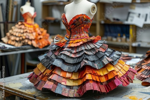 Unique layered dress with textural design on a mannequin, highlighting the complexity of dressmaking photo