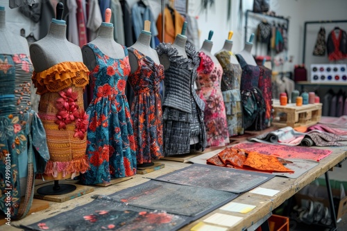 A colorful selection of dresses displayed on mannequins in a clothing design workshop with fabric samples and tools