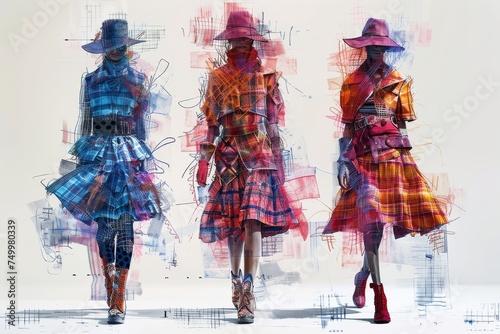 Modern digital artwork of fashion mannequins in vibrant checkerboard and pink hues resembling urban style