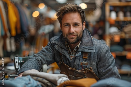 Artisan man with a pleasant expression wearing a work apron over a denim shirt, surrounded by crafting materials