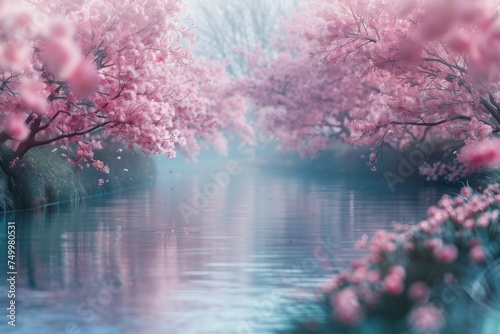 Cherry blossom trees lining a serene river in Japan. 