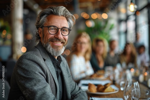 Charismatic mature businessman with a full beard and glasses smiling with colleagues in soft focus in the background photo