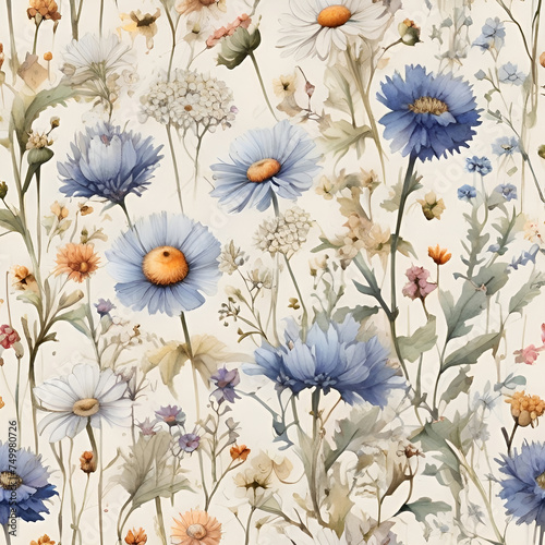 Watercolor vintage floral pattern, generative ai