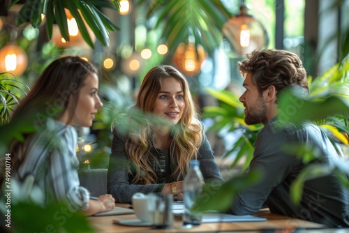 Three young adults engage in conversation with happy expressions at a trendy cafe surrounded by lush greenery photo