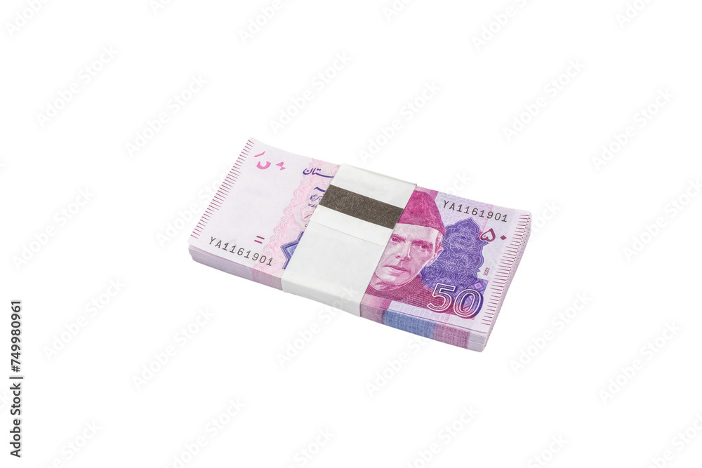 Pakistan fifty rupees banknote bundle on white isolated background Pakistan fifty rupees banknote bundle on white isolated background