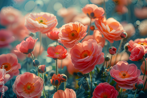 Dreamlike field of peach ranunculus flowers glowing softly in tranquil, diffused light.