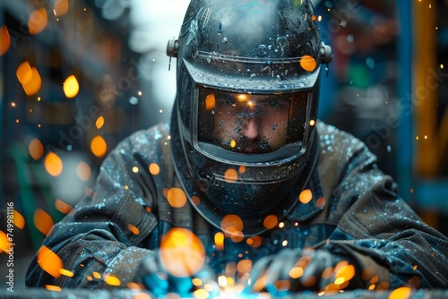 An intense work environment captured as a professional works on a piece of metal with a welding torch, the sparks adding a dynamic burst of light