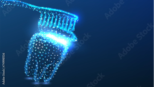 Tooth, toothpaste, toothbrush. Dental care, dentist clinic, stomatology medicine concept. Tooth, Abstract low poly, Triangle, dot, line, polygon. Shine blue background, Vector illustration