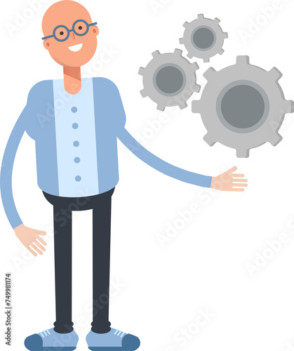 Bald Man Character Holding Gears
