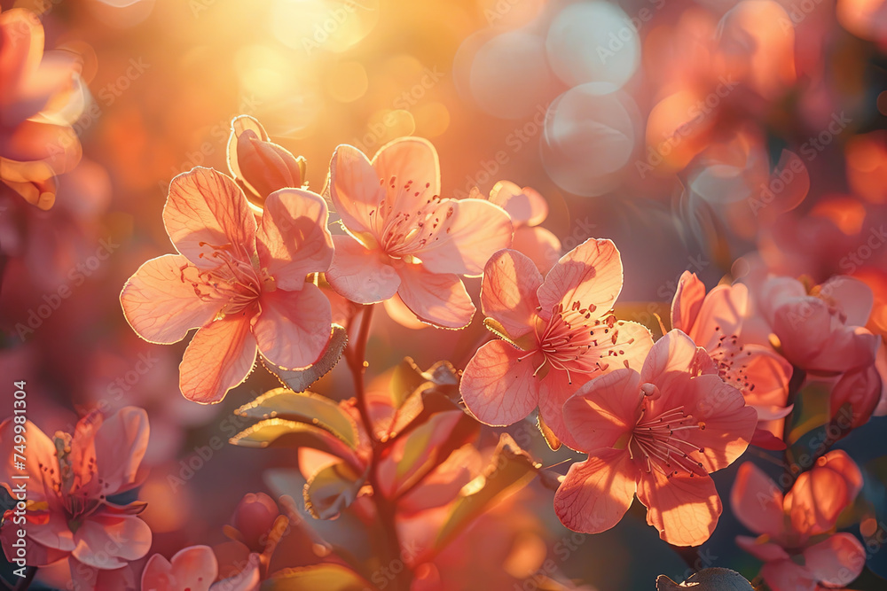 The radiant glow of sunset light shines through delicate cherry blossoms, emphasizing their natural beauty.
