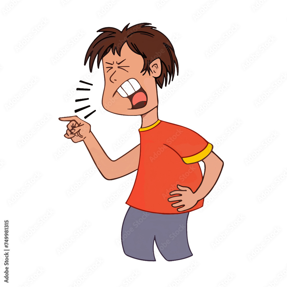 A Vector Illustration of a Cartoon Boy Yelling and Pointing in Anger: A Funny and Expressive Character Drawing with a Red Shirt and Dark Hair A Vector Illustration of a Cartoon Boy Yelling and Pointing in Anger: A Funny and Expressive Character Drawing with a Red Shirt and Dark Hair