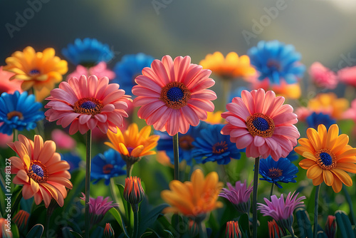 Vibrant gerbera daisies spread across a lush meadow  adding a burst of color to the natural landscape.