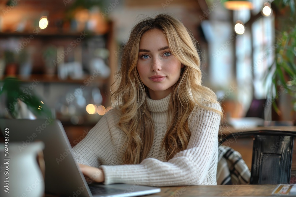 Attractive young woman using a laptop intently in a cozy coffee shop setting, suggesting productivity