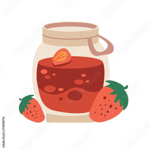 Strawberry jam in a glass jar, isolated on white background, vector illustration