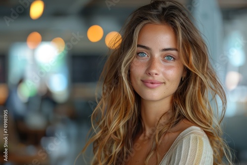 A portrait of a young woman with sea blue eyes and wavy hair smiling gently in a casual setting