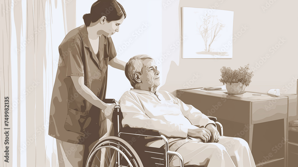black and white illustration of a caregiver with a senior in a ...