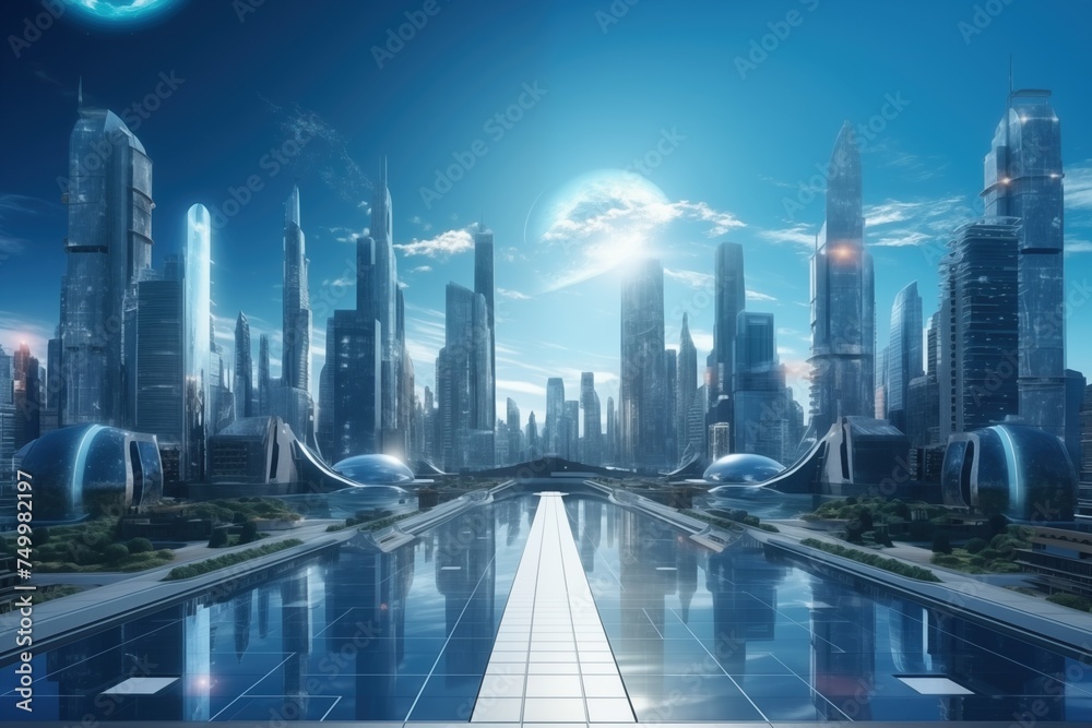 Illustration of a futuristic cityscape, a hyper realistic future city with a beautiful view of the sky. and modern city perspective futuristic hi-tech background Illustration of a futuristic cityscape, a hyper realistic future city with a beautiful view of the sky. and modern city perspective futuristic hi-tech background