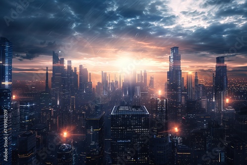 The city where the sky is visible  twilight futuristic cityscape  a hyper realistic future city with a beautiful view of the sky. and modern city perspective futuristic hi-tech background