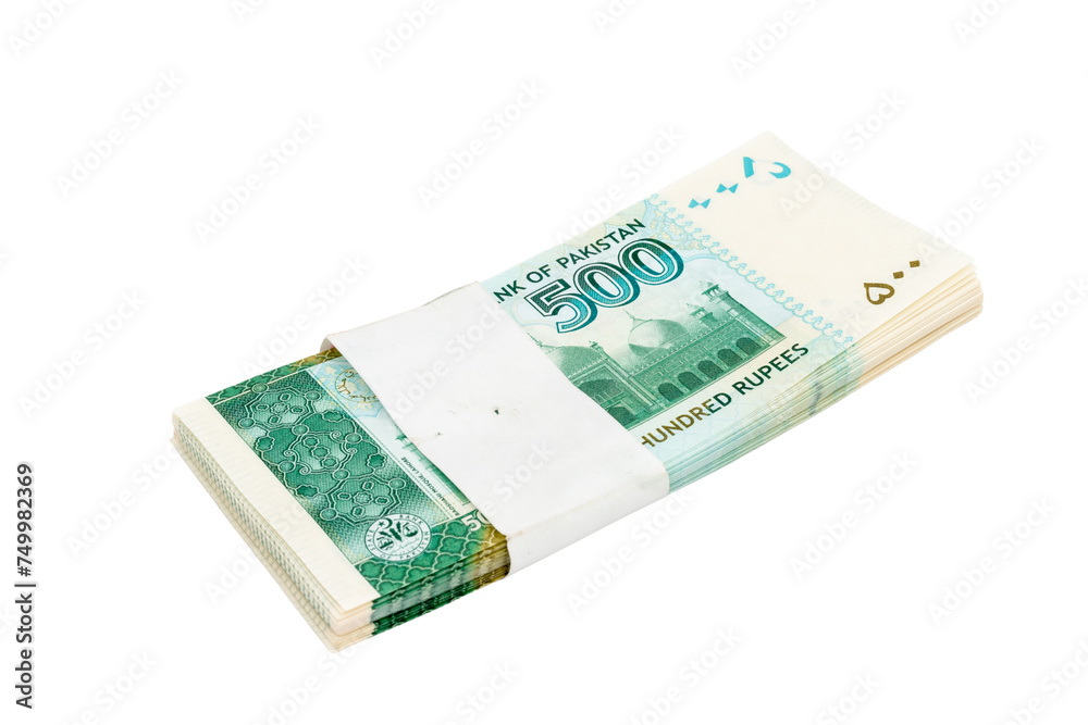 Pakistan five hundred rupees denomination note bundle on white isolated background Pakistan five hundred rupees denomination note bundle on white isolated background