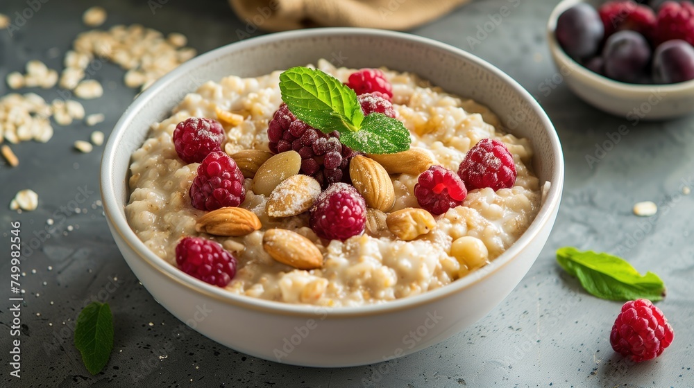 Delicious porridge in a white bowl. Food photography. For advertising.