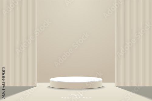 Abstract cream white 3d cylinder podium or product display stand with vertical wall geometric shape backdrop. 3d vector rendering in studio room. design stage for promoting product, mockup or template