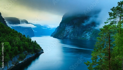 Beautiful fjords, fiords in evening, sea and forest, clean nature, environment