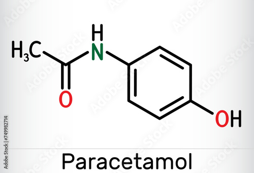 Paracetamol, acetaminophen molecule. It is is a non-opioid analgesic and antipyretic agent. Skeletal chemical formul.