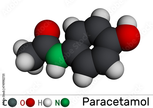 Paracetamol, acetaminophen molecule. It is is a non-opioid analgesic and antipyretic agent. Molecular model. 3D rendering photo