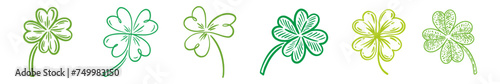 Vector, horizontal collection of clover leaves, hand-drawn in the style of doodles. St. Patrick's Day. An Irish illustration.