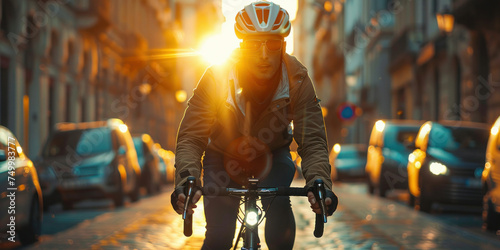 Cyclist riding through city streets at sunset with sun in the background creating a beautiful silhouette