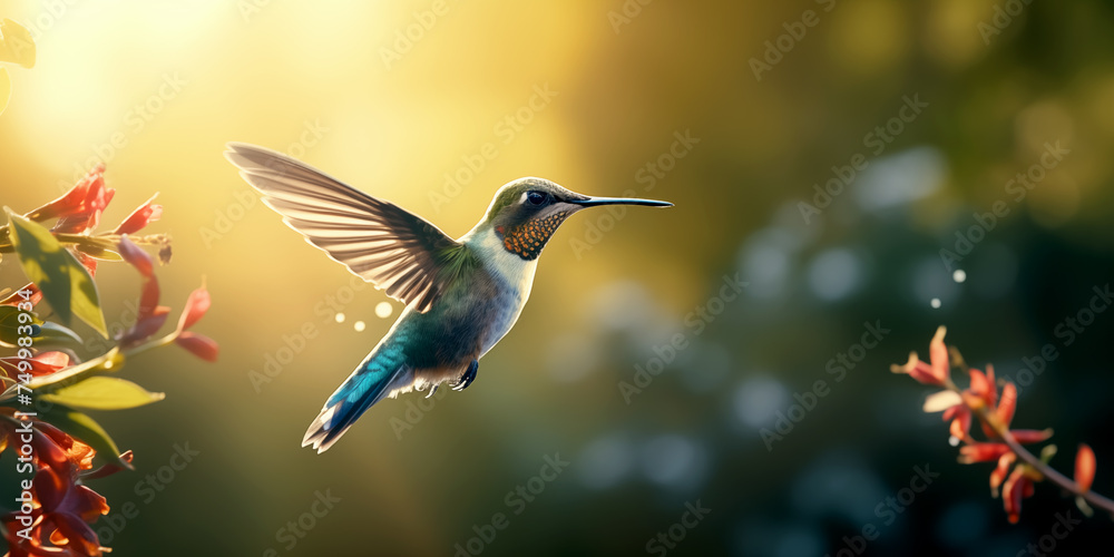 Obraz premium a Hummingbird coming into a flower for nectar, golden light, in a side view in a Horizontal layout, in a nature-themed, photorealistic illustration in JPG. Generative ai