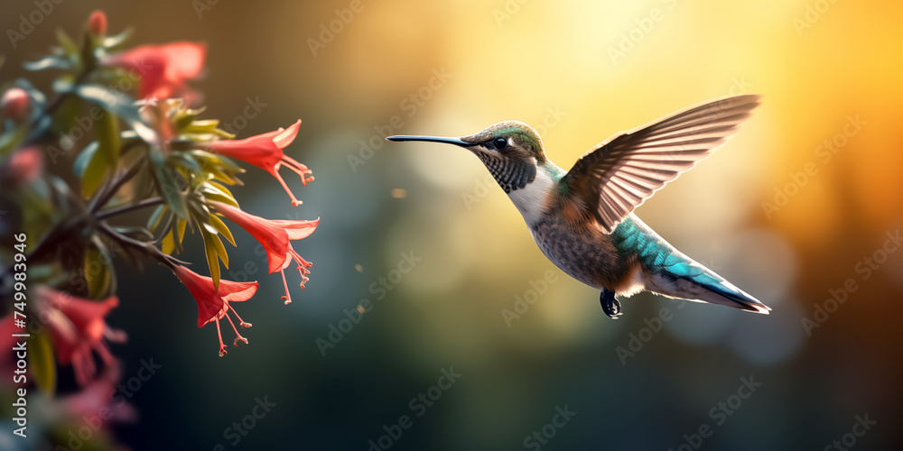 Fototapeta premium a Hummingbird coming into a flower for nectar, golden light, in a side view in a Horizontal layout, in a nature-themed, photorealistic illustration in JPG. Generative ai