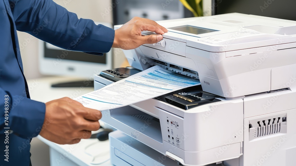 Man in office with printer. Printing success in the office, thanks to ...