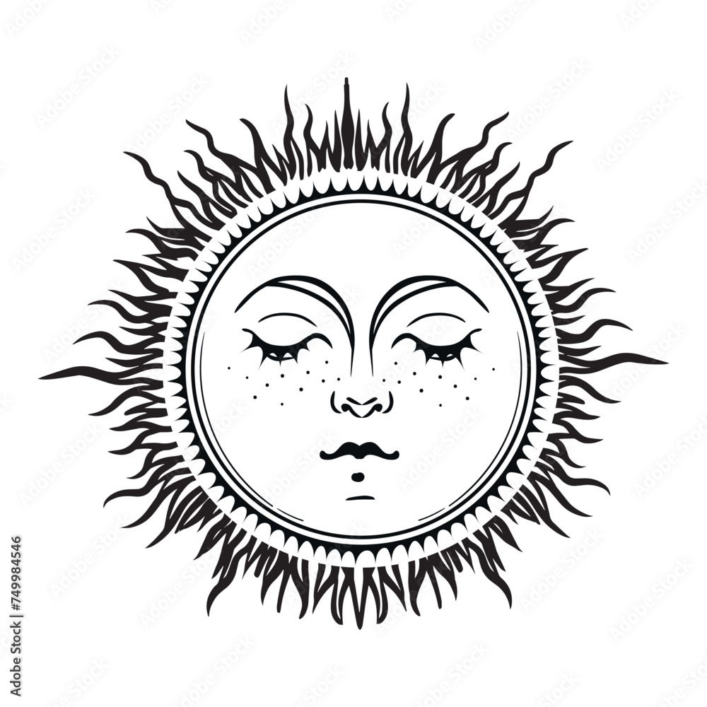 Magic sun with face and rays, boho celestial astrology logo, zodiac tattoo, tarot symbol. Magic hand drawn vector illustration isolated on white background.
