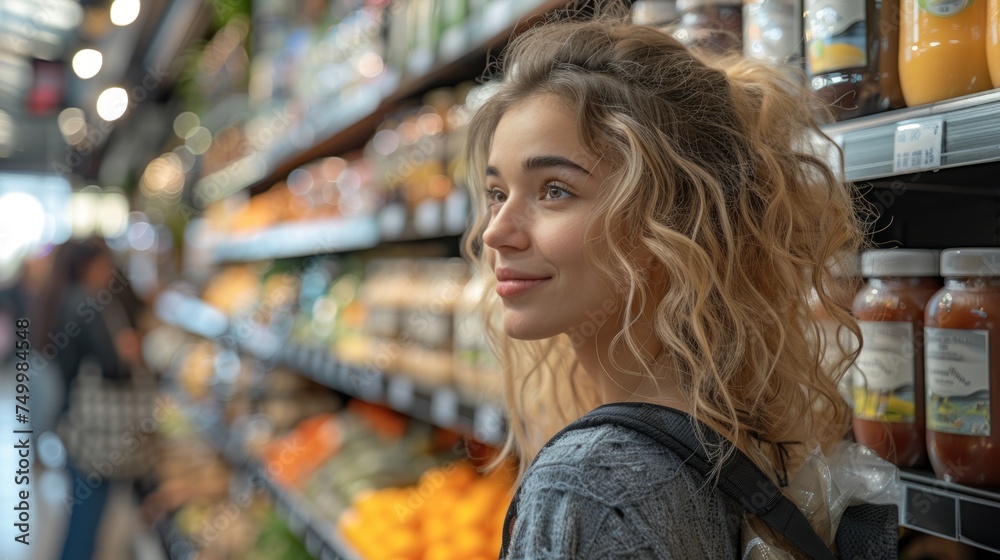young woman in a store, looking at various packaged products on shelves